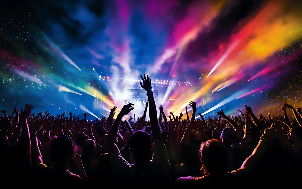 Live music event in Milwaukee with vibrant lights and cheering audience