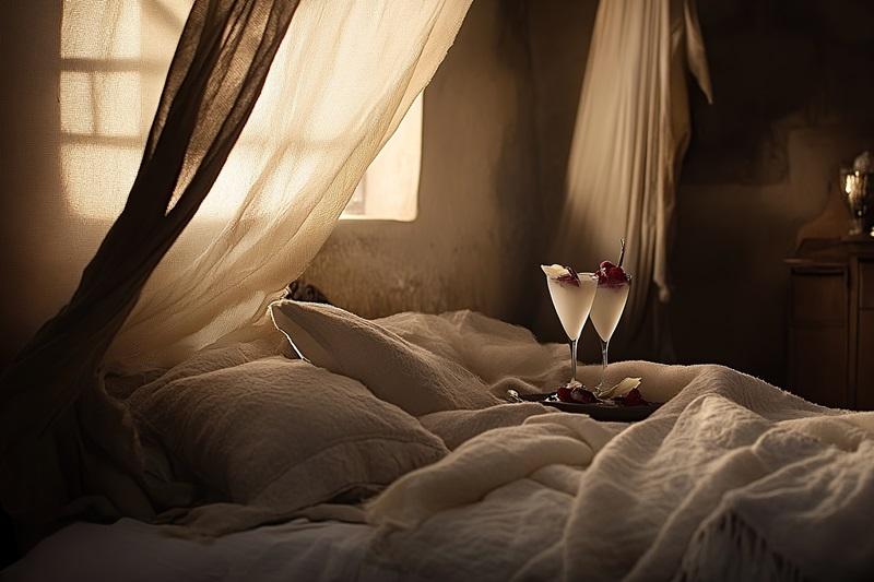 Romantic bedroom at Pleasure Paradyz glowing in the morning sunrise